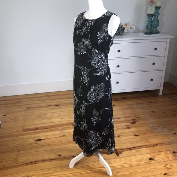 Vintage 90s Black Chiffon Floral Print Sheath Slip Dress 4 Petite Sleeveless - Picture 9 of 12